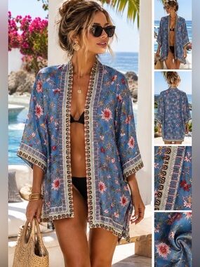 🦋 Max Studio Blue Floral Open-Front Kimono Tunic